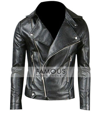 Men's Front Zipper Pointed Collar Black Jacket