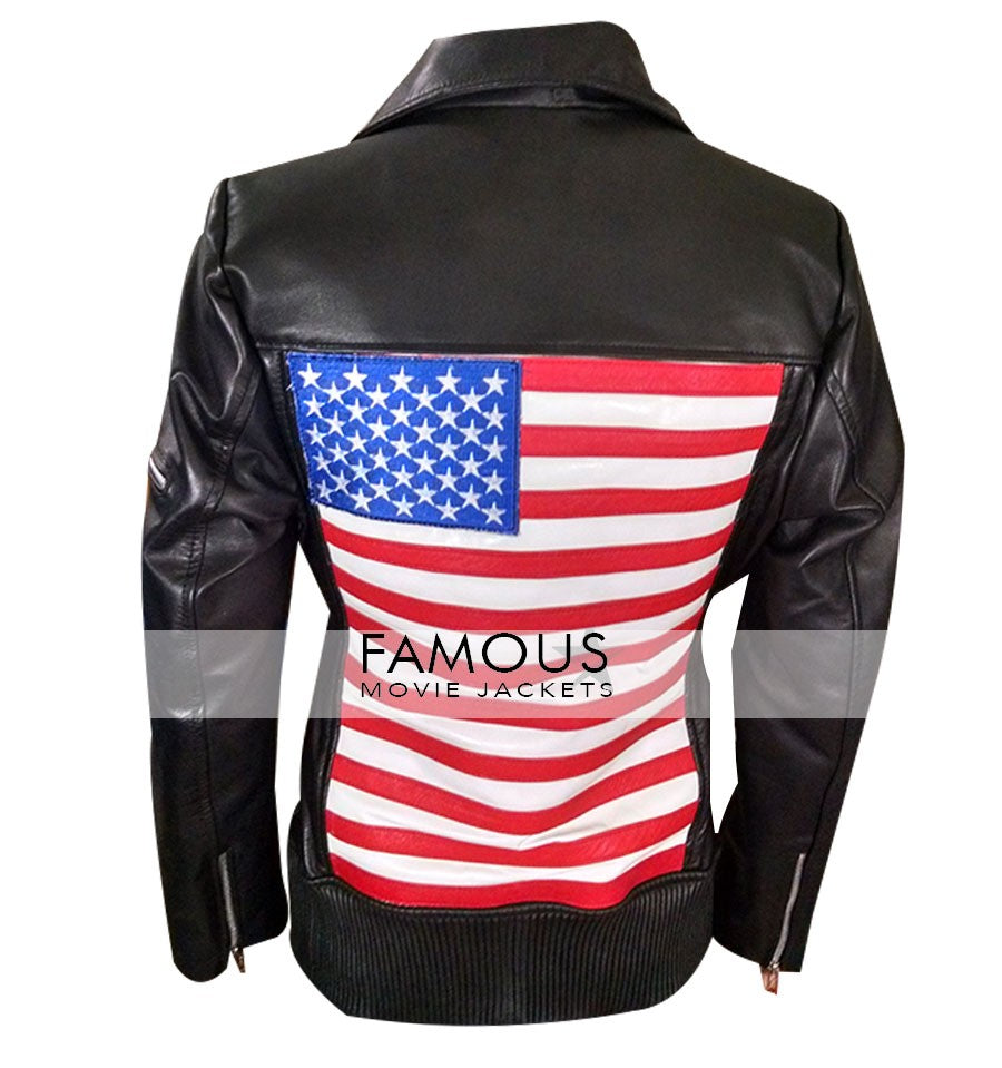 America Flag Women Black Motorcycle Leather Jacket