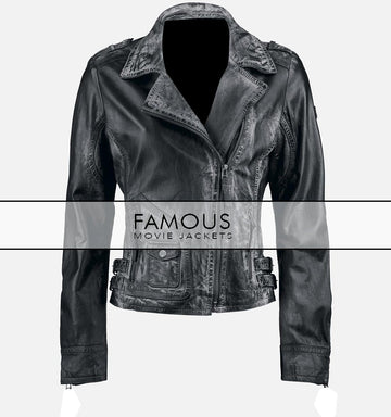 Women Black Distressed Motorcycle Leather Jacket