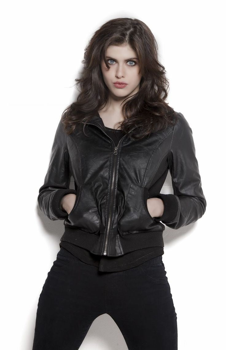 Alexandra Daddario Stylish Black Bomber Designer Jacket