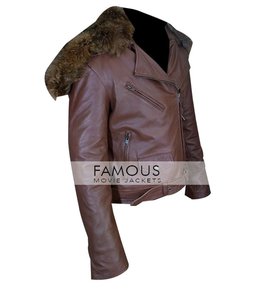 Rihanna Brown Fur Collar Belted Leather Jacket