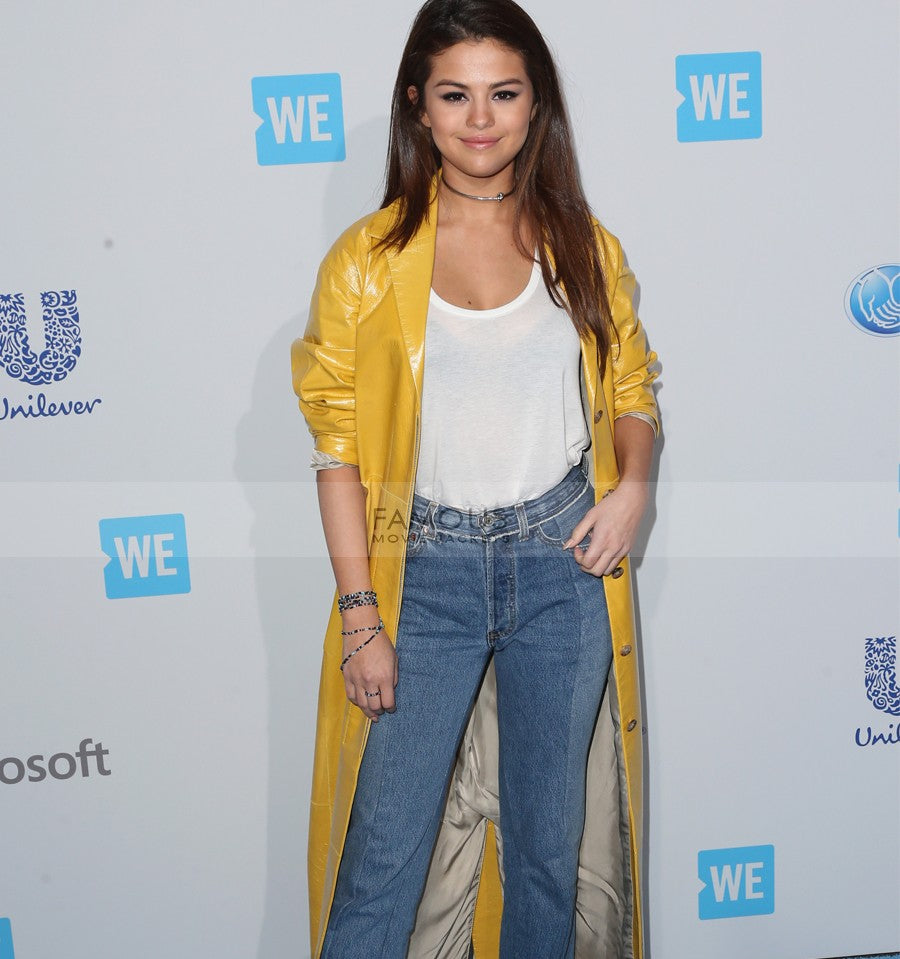 Selena Gomez Yellow Leather Coat