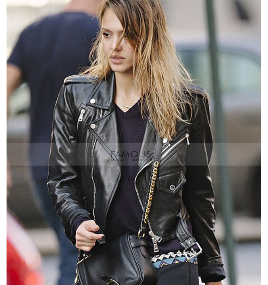 Jessica Alba Black Leather Biker Jacket