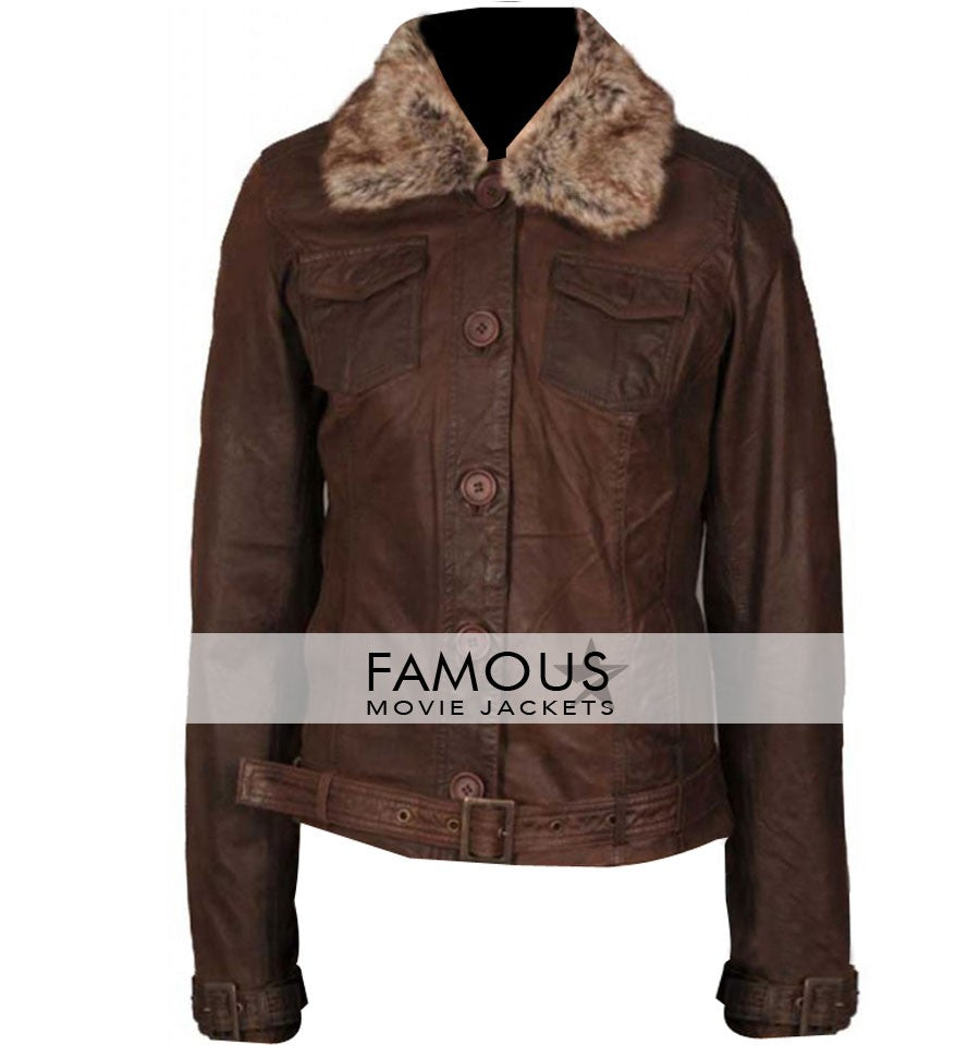 Women Slimfit Fur Collar Brown Belted Jacket