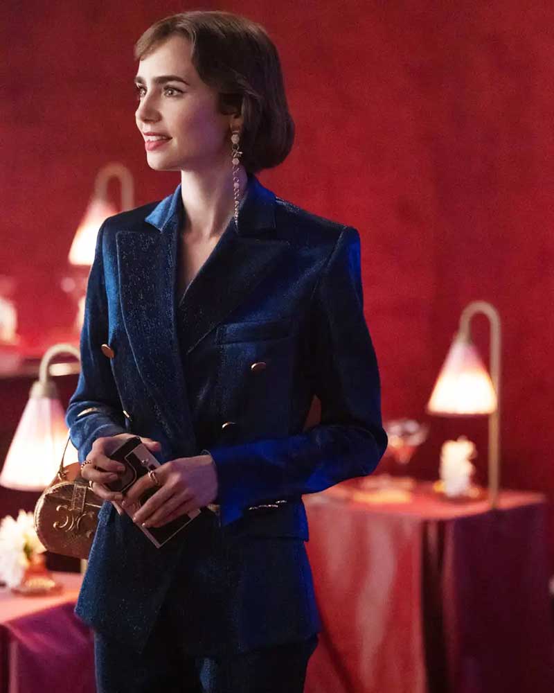 Emily In Paris S03 Emily Cooper Velvet Blue Blazer