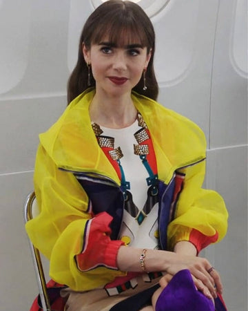 Emily in Paris Lily Collins Geometric Print Grey Blazer