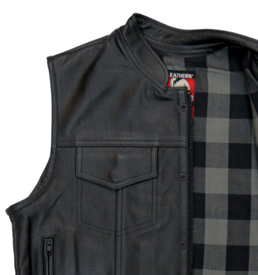 Men's Black 'flannel Grey' Motorcycle Club Style Conceal And Carry Leather Biker Vest