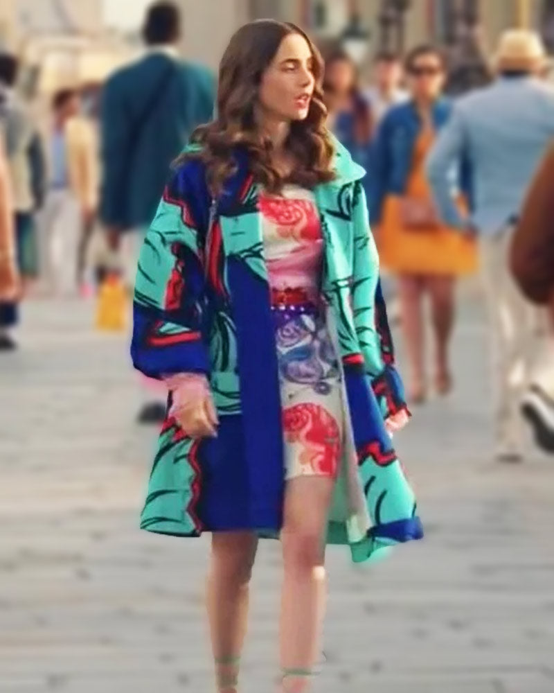 Emily In Paris S02 Lily Collins Blue Printed Coat 2