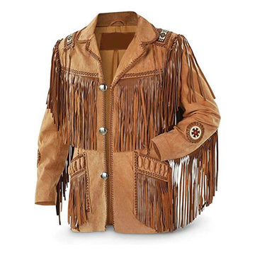 Men Cowboy Western Suede Fringe Leather Jacket