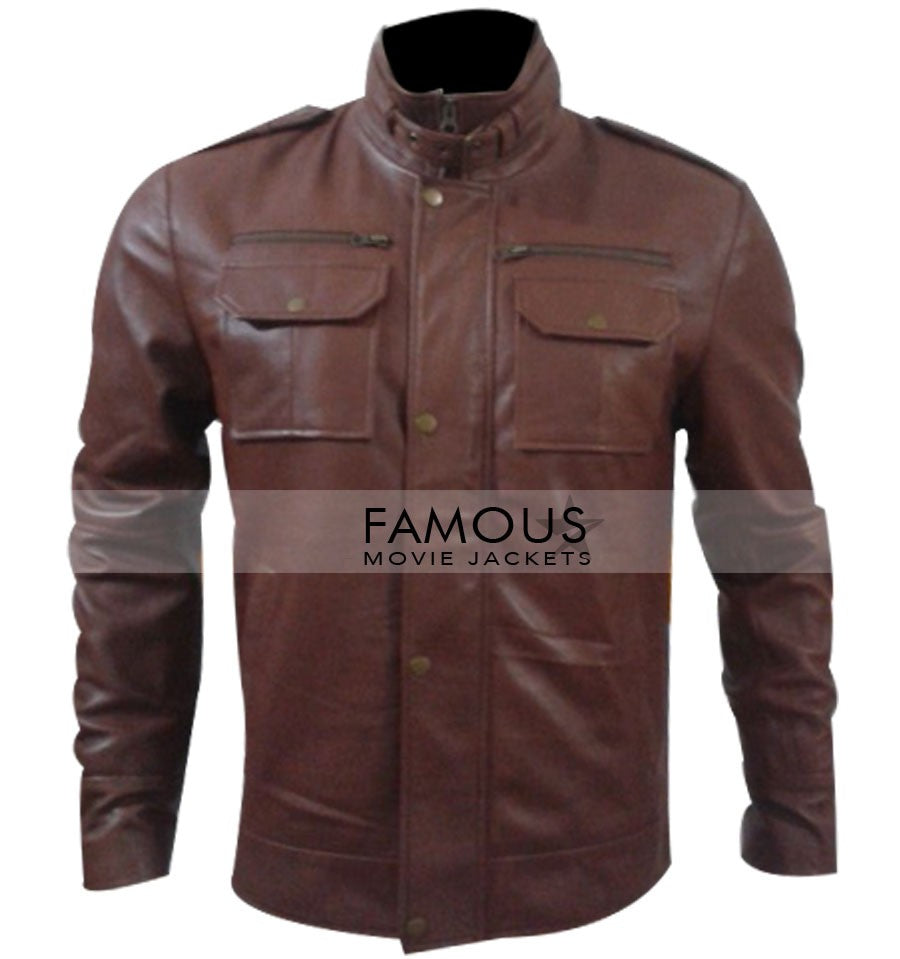 Belted Neck Zipper Style Brown Leather Jacket