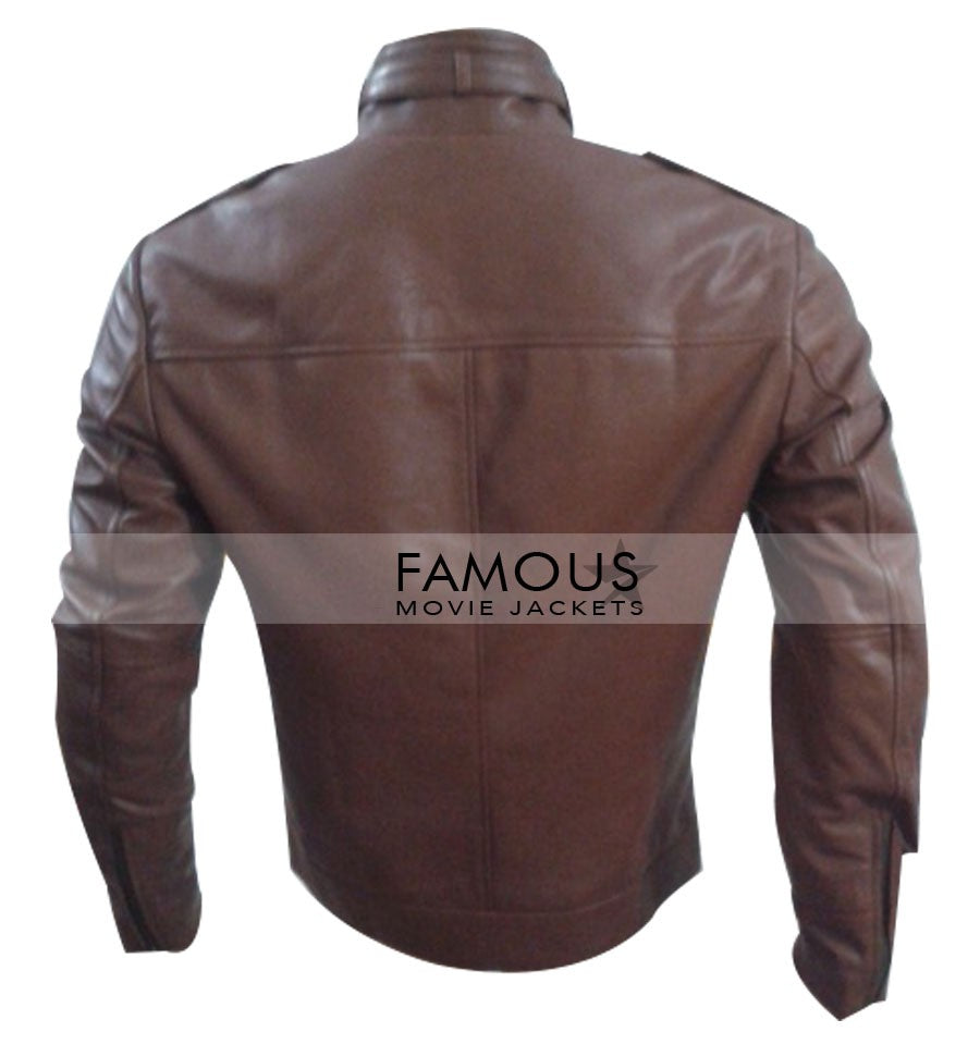 Belted Neck Zipper Style Brown Leather Jacket