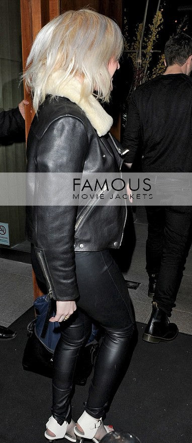 Ellie Goulding Fur Collar Black Leather Jacket