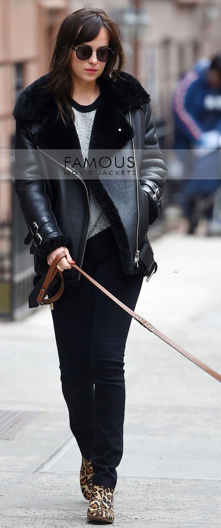 Dakota Johnson Fur Black Stylish Leather Jacket at Walking in New York