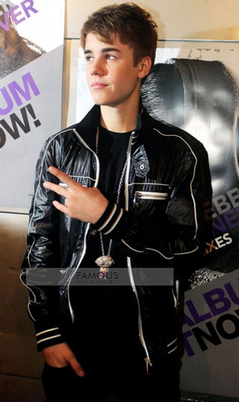 Justin Bieber Greets the Press Black Leather Jacket