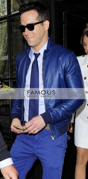 Ryan Reynolds Blue Bomber Designer Leather Jacket