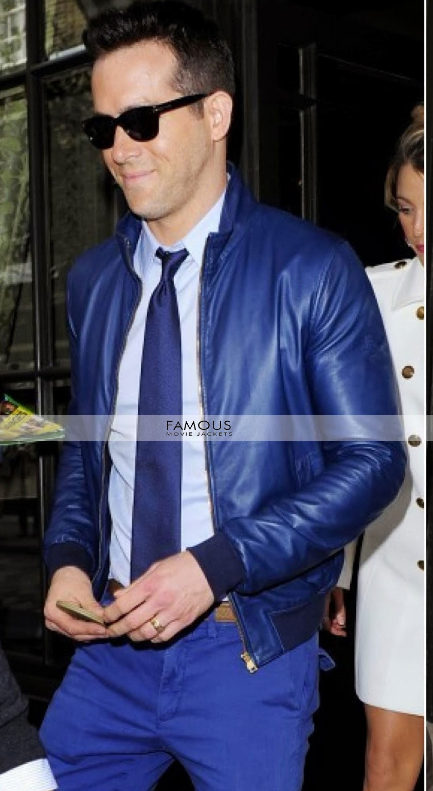 Ryan Reynolds Blue Bomber Designer Leather Jacket