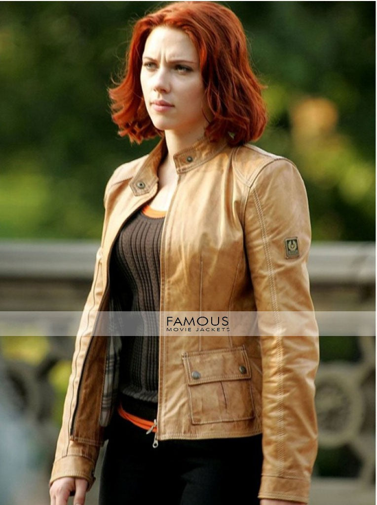 Scarlett Johansson Tan Color Women Leather Jacket