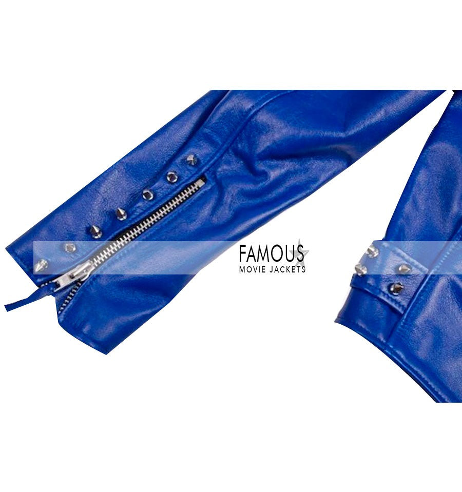 Rita Ora Blue Studded Motorcycle Leather Jacket