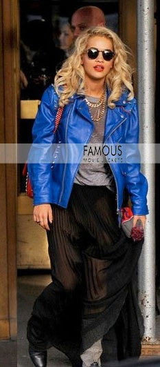 Rita Ora Blue Studded Motorcycle Leather Jacket