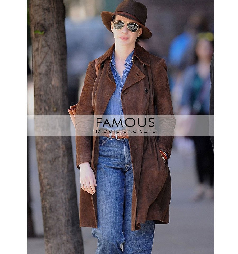 Anne Hathaway Brown Suede Trench Long Coat in Newyork
