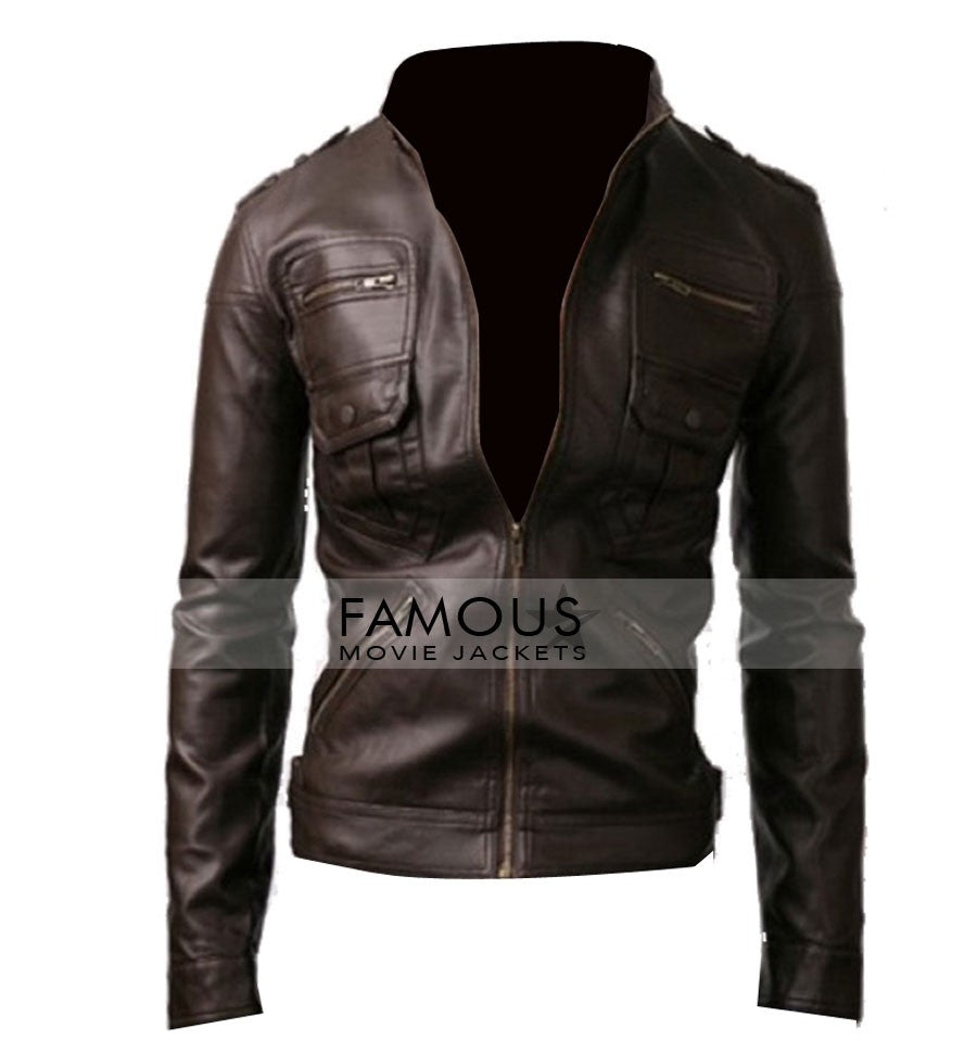Zip Pocket Slim Fit Dark Brown Leather Jacket