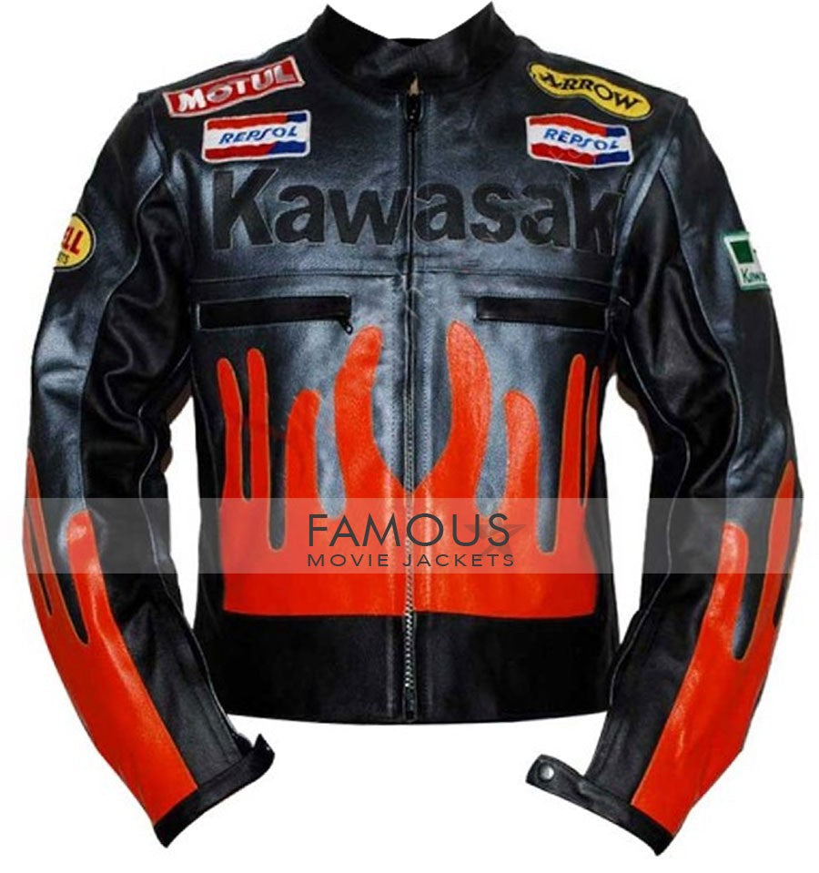 Kawasaki Black & Orange Biker Leather Jacket