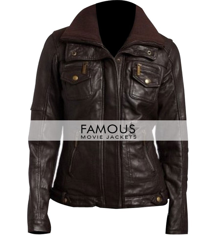 Women Double Collar Brown Bomber Leather Jacket