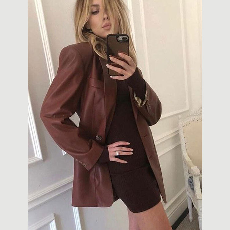 Abbey Clancy Brown Leather Blazer