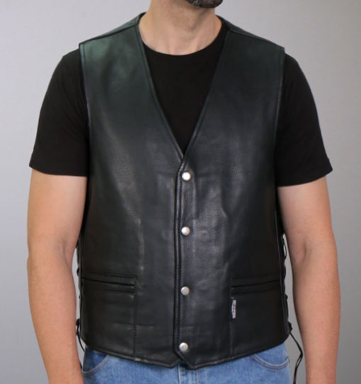 Men's Black 'lone Wolf' Motorcycle Style Conceal And Carry Side Lace Leather Biker Vest