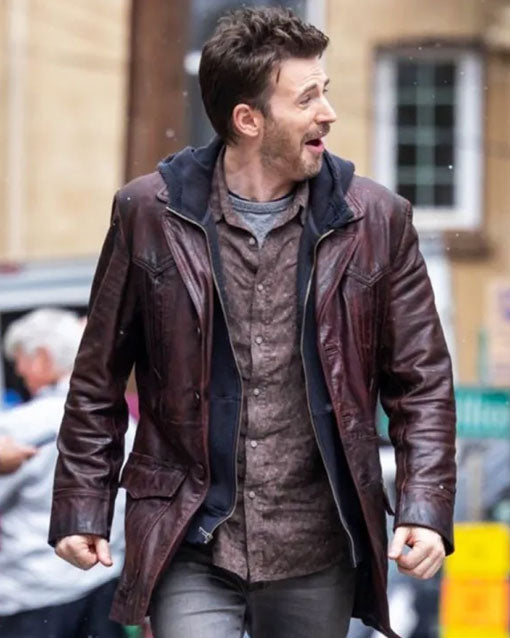 Red One 2023 Chris Evans Brown Leather Coat