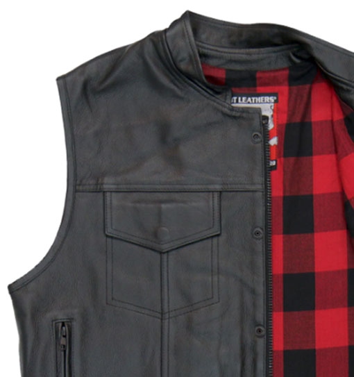 Men's Black 'flannel Red' Motorcycle Club Style Conceal And Carry Leather Biker Vest