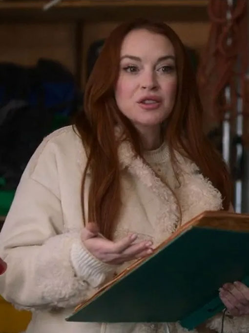 Lindsay Lohan Falling For Christmas 2022 Shearling Jacket
