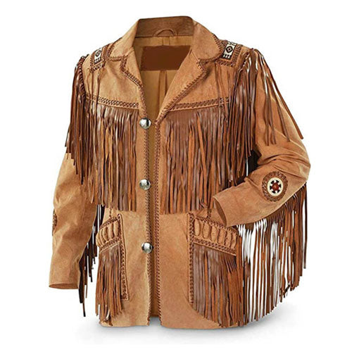 Men Cowboy Western Suede Fringe Leather Jacket