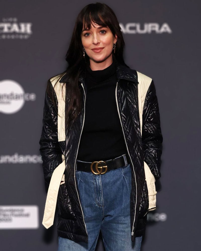 Sundance Film Festival 2023 Dakota Johnson Belted Matelassé Jacket 1