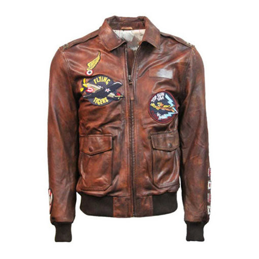 Top Gun Flying Tigers Brown Leather Jacket